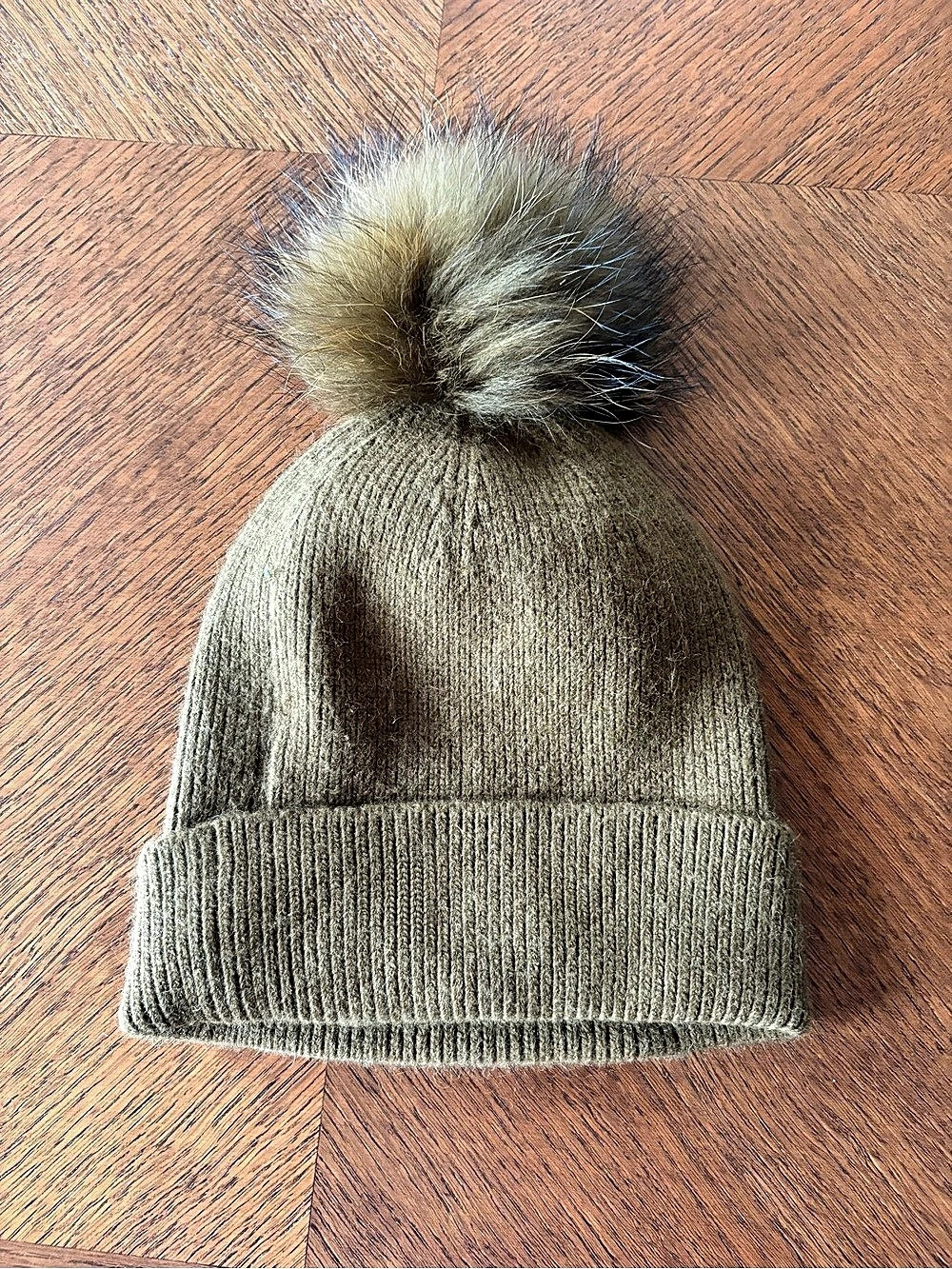 LOOK Cashmere Blend Beanie Womens Olive Green Wool Knit Pom Pom Winter Hat OS